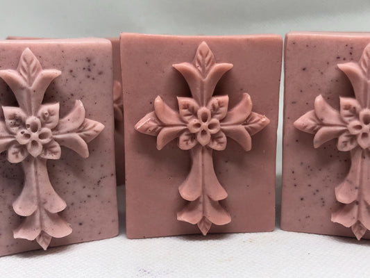 A set of 3 Cross Grape Scent Goat Milk Hand Soaps in a reusable wooden box